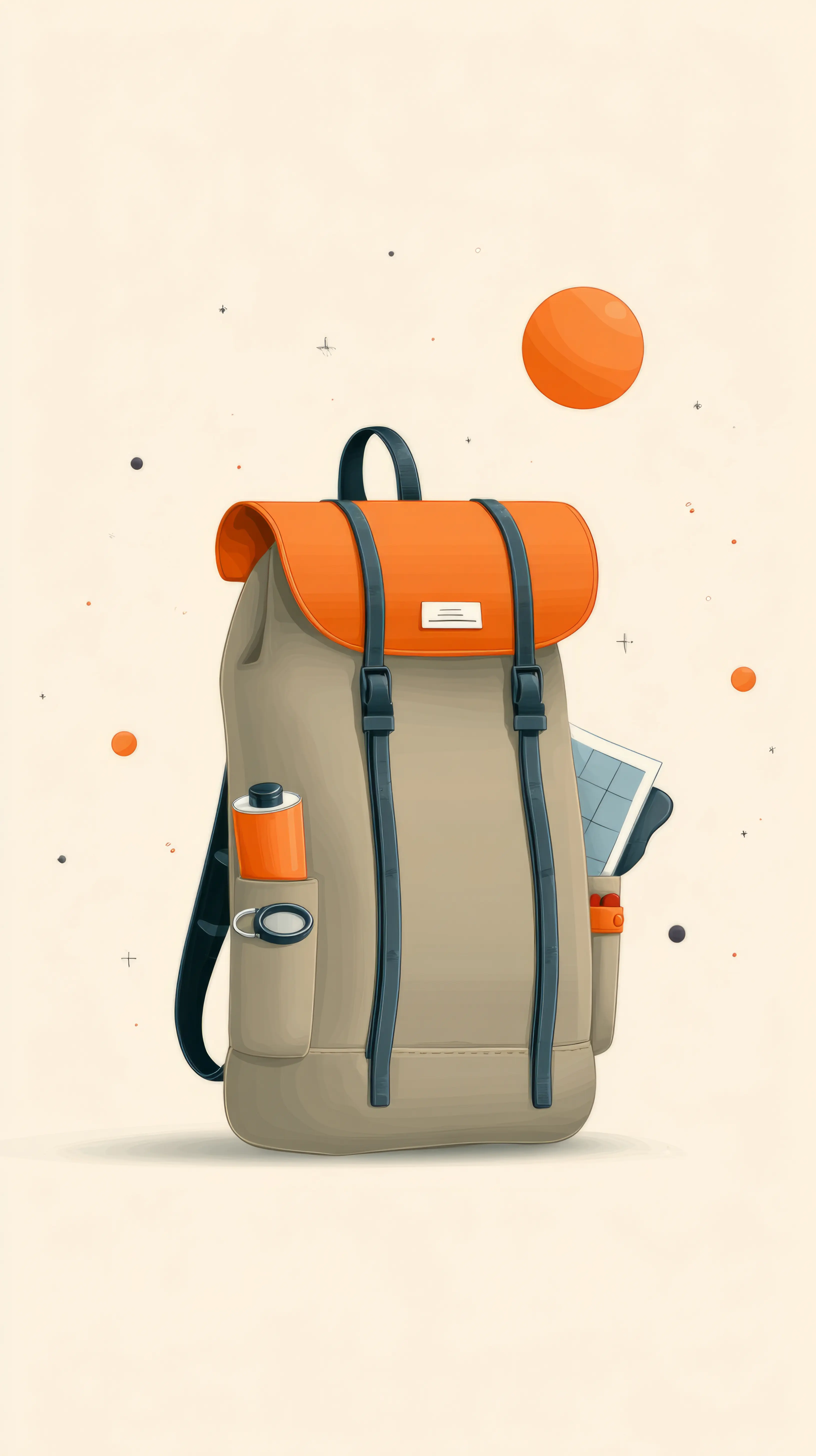 Illustrated backpack packed with essentials on a warm ivory background