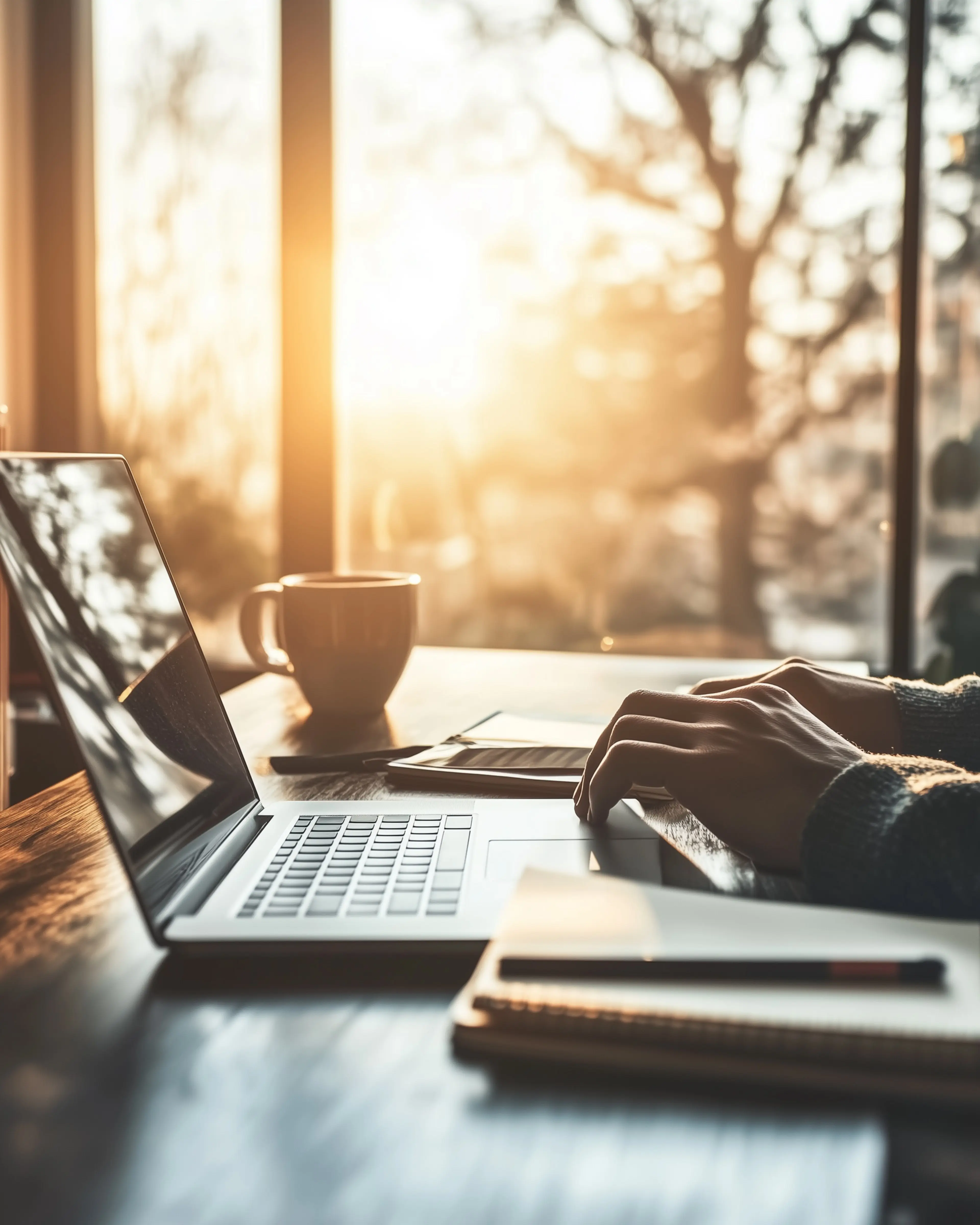 Hands typing on a laptop in warm morning light, a coffee cup and notebook on the wooden desk beside it
