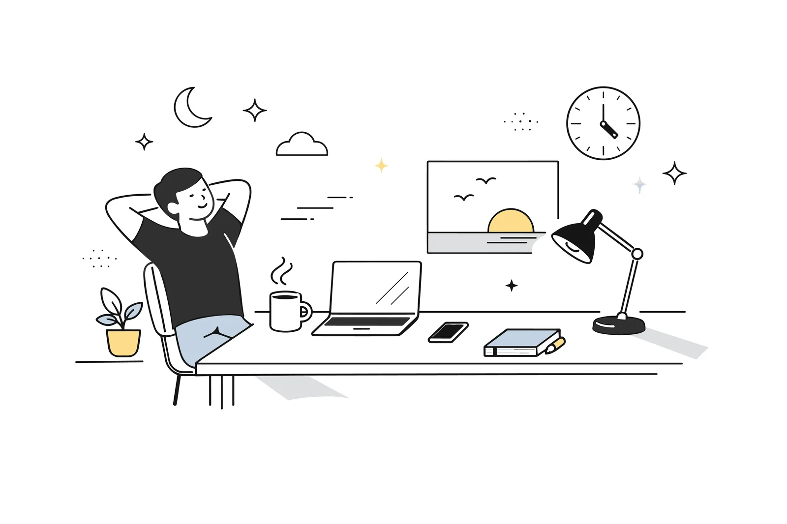 Line illustration of a person leaning back from a desk with laptop, coffee, phone, and notebook — a moment of calm amid the tools