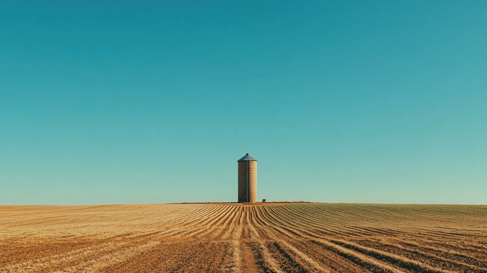 A single grain silo standing alone in an open field under a clear blue sky